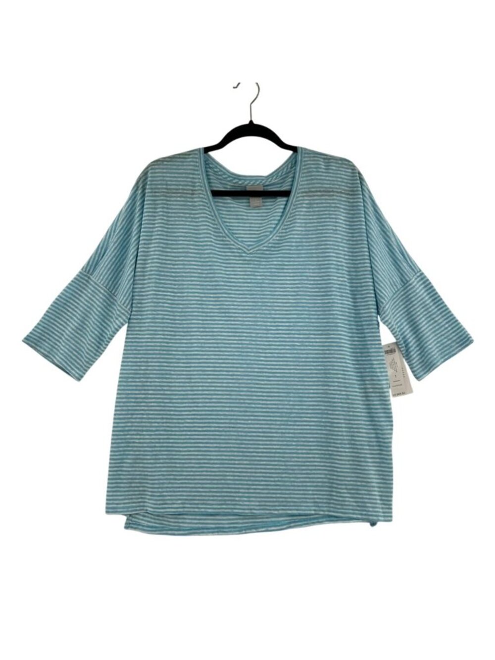 Chico's Top Women M Skylight Blue Cool Striped Linen Tunic V-Neck 3/4 Sleeve NWT